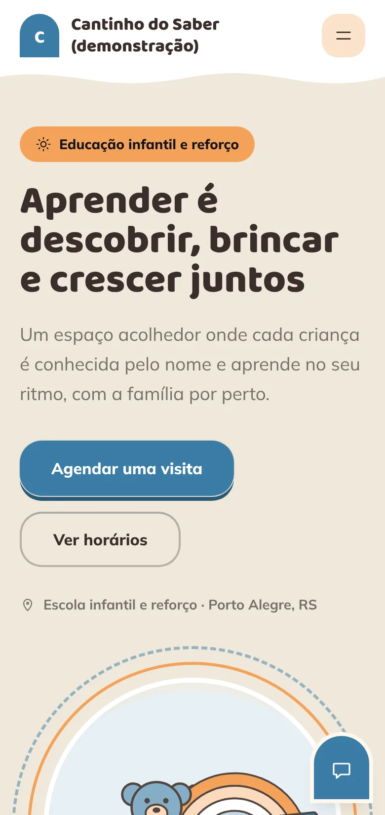 Site de demonstração no estilo acolhedor, no celular